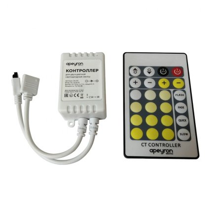Контроллер для управления двухцветной светодиодной лентой, 12-24В, 72Вт, 2*3A/канал, IP20, пульт кнопочный, DC-коннектор для входа, 4-игольчатый коннектор для входа, 61x35x22мм, белый
