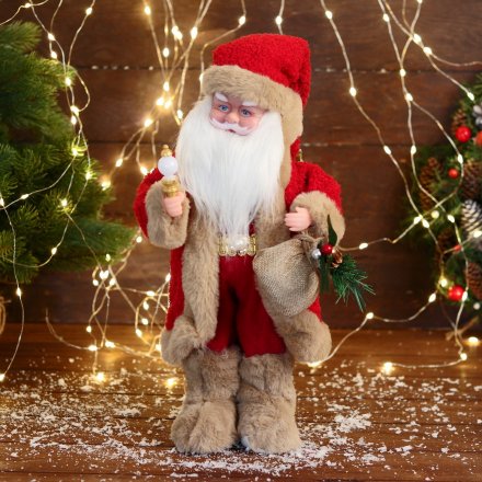 Дед Мороз "В костюме с коричневым мехом" движение, с подсветкой,  40 см, красный   9692518