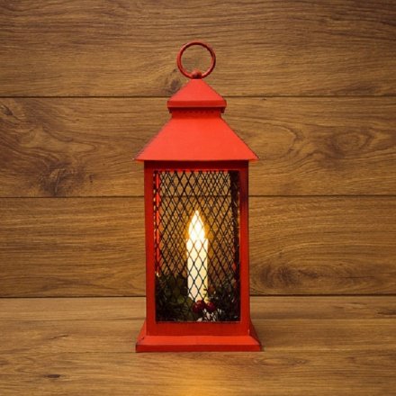 Новогодний декоративный фонарь со свечкой, красный корпус, размер 13,5х13,5х30,5см, цвет ТЕПЛЫЙ БЕЛЫЙ