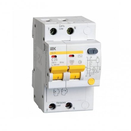 Выключатель автомат.дифференциального тока 2п C 25А 30мА тип AC 4.5кА АД-12 ИЭК MAD10-2-025-C-030