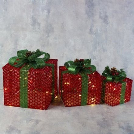 Новогодняя фигура текстиль "Подарки красные с зеленой лентой" 15х20х25 см, 60 LED, 220V, Т/БЕЛЫЙ
