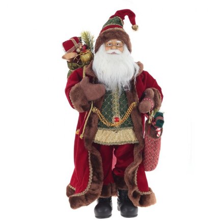 Дед Мороз под ёлку 77см, изготовлен из текстиля, в бордовом костюме с мешком за спиной