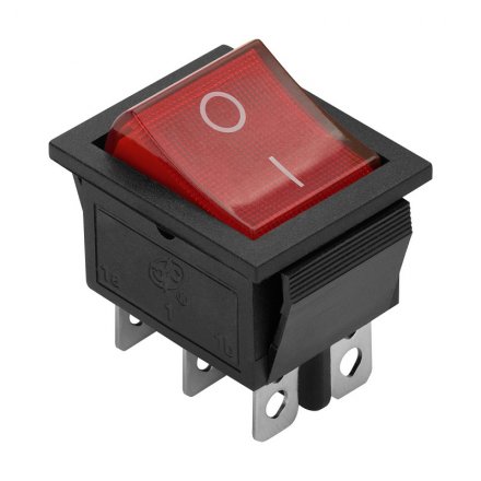 Выключатель клавишный красный с подсветкой ВКЛ-ВКЛ 6 контактов 250В 16А прямоугольный 26841 3, duwi