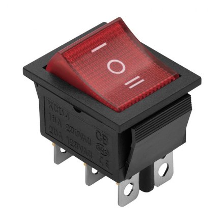Выключатель клавишный красный с подсветкой ВКЛ-ВЫКЛ-ВКЛ 6 контактов 250В 16А прямоугольн 26842 0, duwi