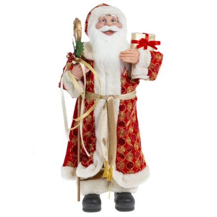 Дед мороз под ёлку 62см, текстиль, в красном костюме с посохом и мешком с подарками