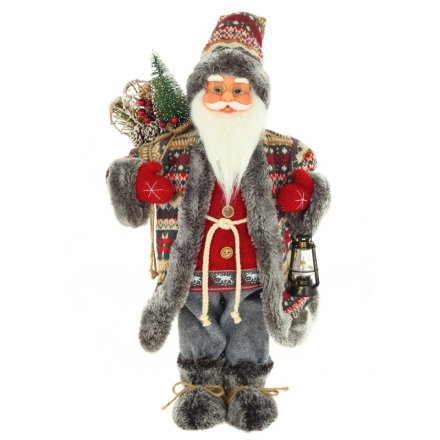 Дед Мороз под ёлку 63см, в кафтане "скандинавской тематики" с фонарем и мешком подарков за спиной