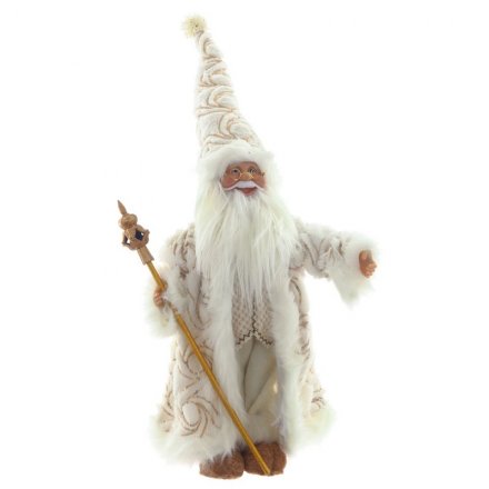 Дед Мороз под ёлку 73см, текстиль, в белом костюме с посохом