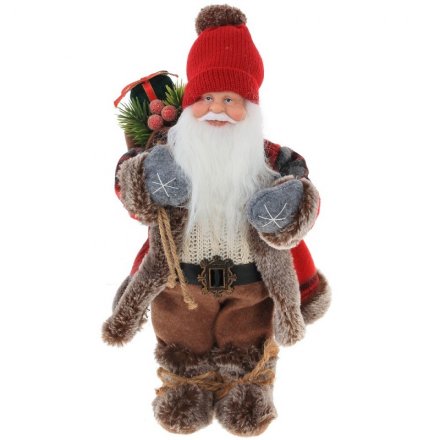 Дед Мороз под ёлку, размеры 17x14x30 см в коричнево-красном костюме