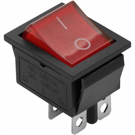 Выключатель клавишный красный с подсветкой ВКЛ-ВЫКЛ 4 контакта 250В 16А прямоугольный 26840 6, duwi
