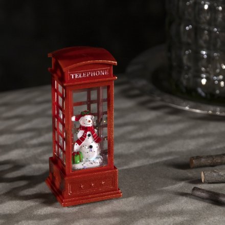 Фигура свет. "Снеговик в красной телефонной будке" 12х5х5 см, 1 LED, блестки, Т/БЕЛЫЙ 5104339