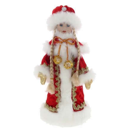 Снегурочка - декоративная кукла с ёмкостью д/подарков,в красном костюме L20 W15 H37 см
