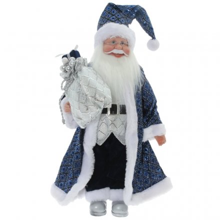 Дед Мороз под елку 62см, изготовлен из текстиля, в синем костюме с мешком