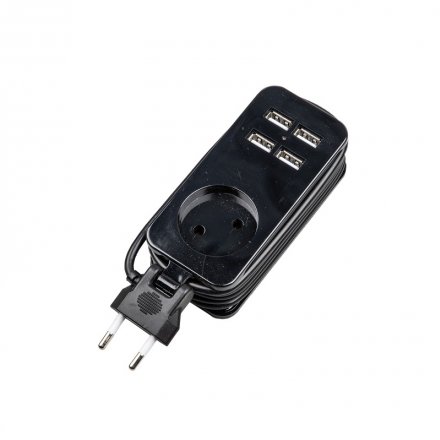 Удлинитель Travel, б/з, шнур 1,5м, 1 гнездо, 4USB(2,1А), 10А, Черный S-CT1-1,5U BLACK TM Uniel